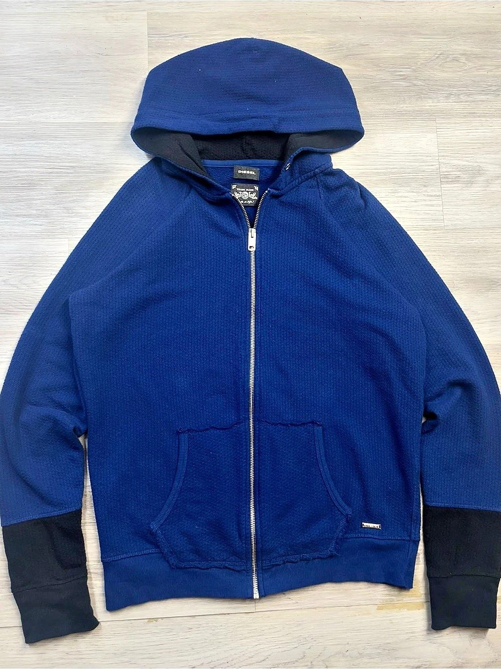 Diesel Cotton Zip Hoodie in Blue & Black Size Large